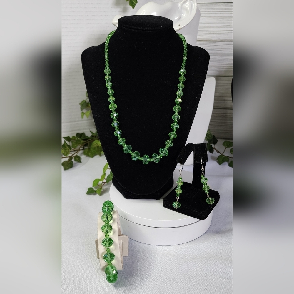 Green Cut Crystal Faceted Rondelle Bead Necklace Bracelet Earrings Set